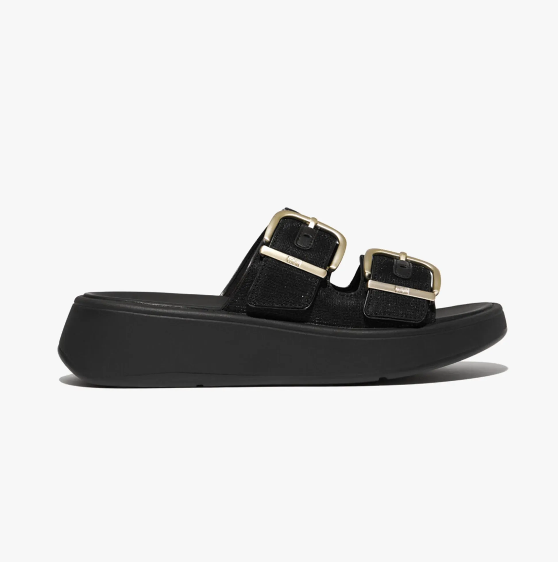 FitFlop F-MODE BUCKLE SHIMMERLUX FLATFORM TWO-BAR Womens Slides Black sold by Shuperb