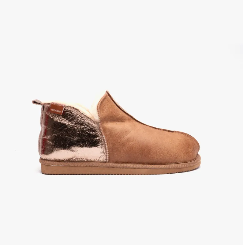 ANNIE Womens Sheepskin Slipper Boots Cognac/Gold sold by Shuperb
