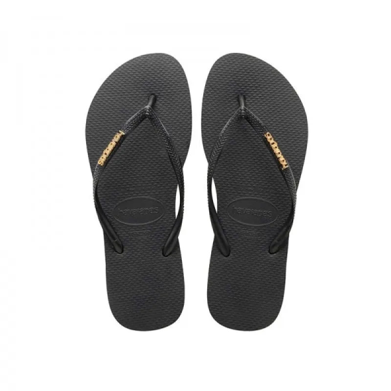 Havaianas HAV SLIM LOGO METALLIC Womens Flip-Flops Black/Gold sold by Shuperb