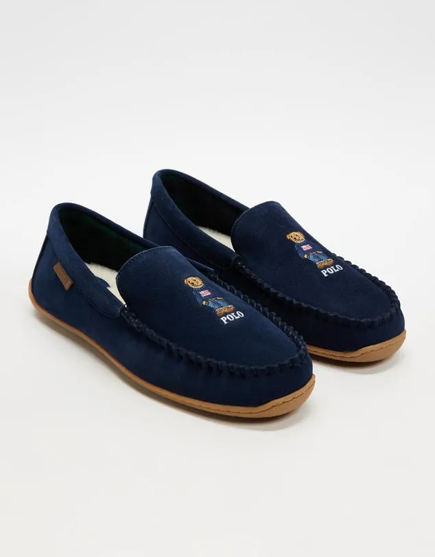 BRENAN POLO BEAR Mens Moccasin Slippers Navy Suede sold by Shuperb