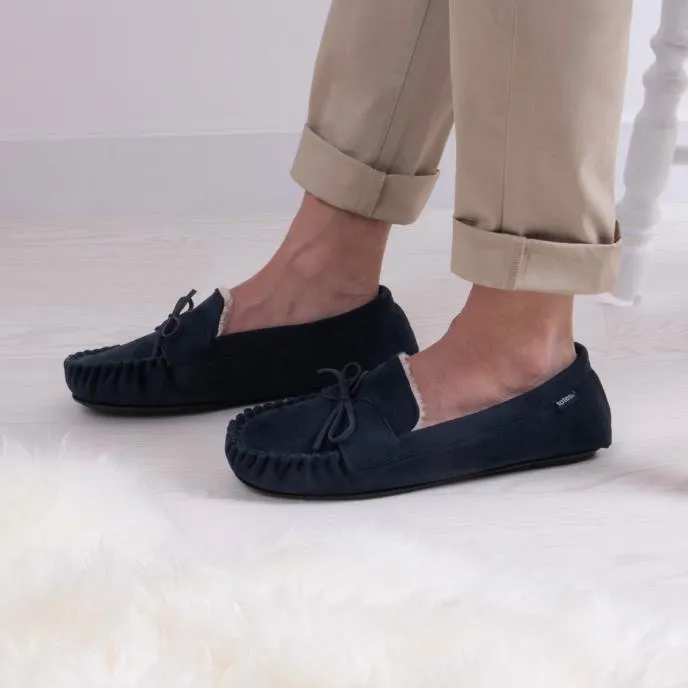 Totes Toasties SUEDETTE Moccasin Sippers Mens Navy sold by Shuperb
