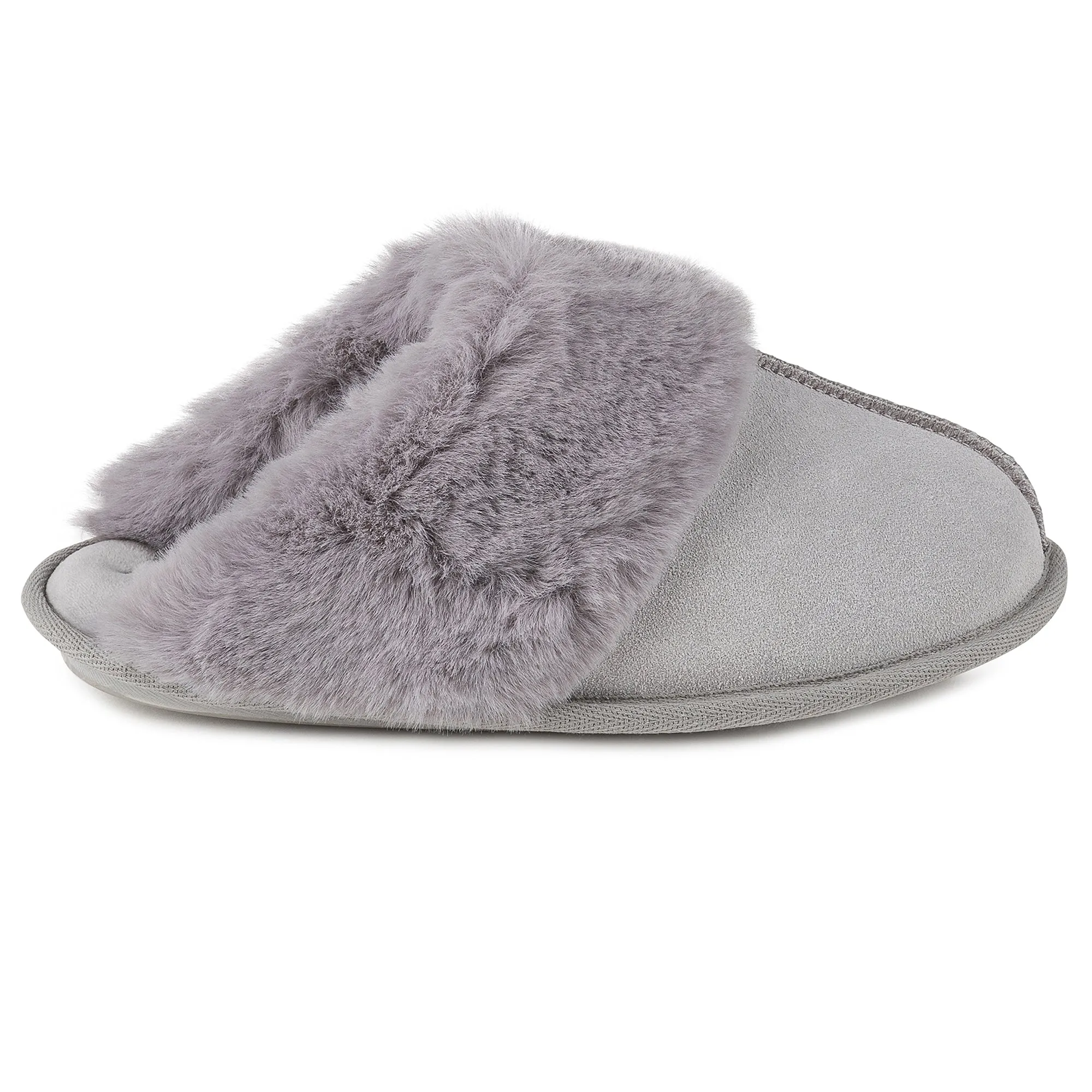 Totes Isotoner REAL SUEDE WITH FUR CUFF Womens Mule Slippers Grey sold by Shuperb