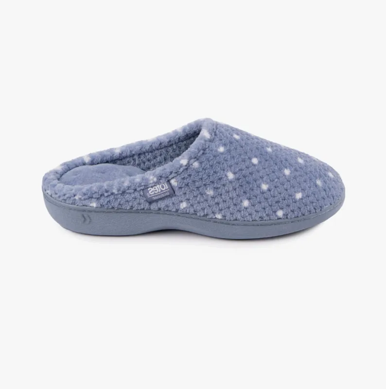 Totes Isotoner POPCORN TERRY Womens Mule Slippers Iris Blue Spot made by Shuperb