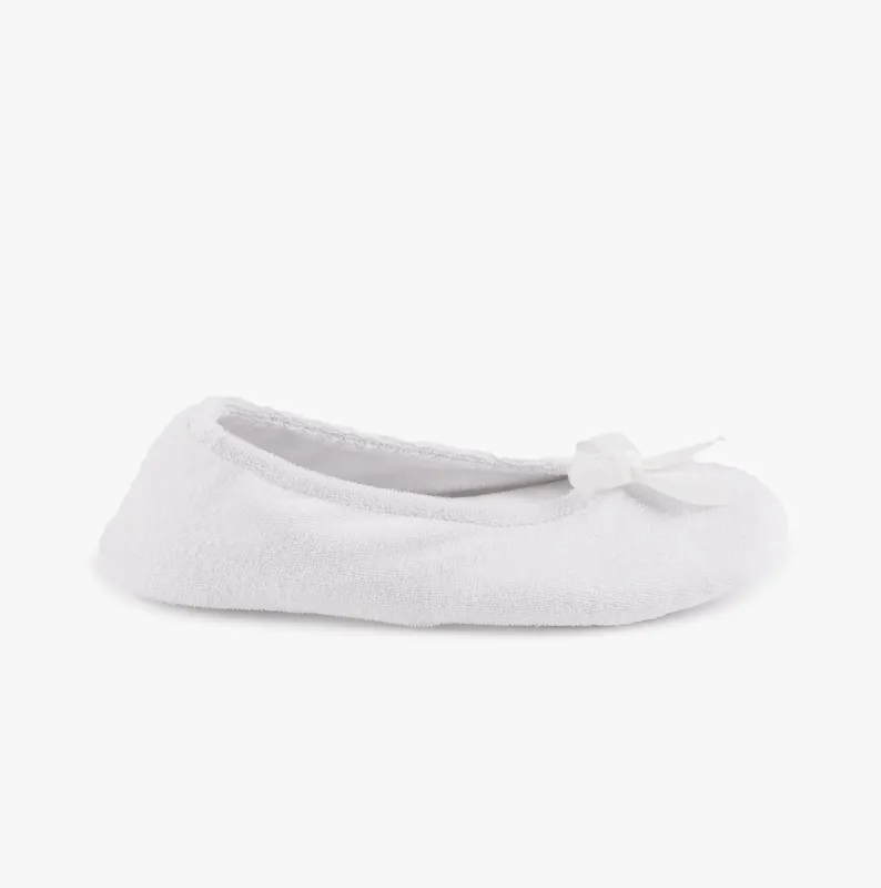 Totes Isotoner STRETCH TERRY BOW Womens Ballerina Slippers White made by Shuperb