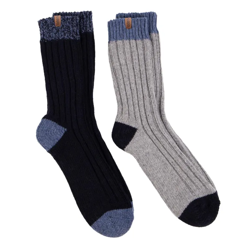 Totes Toasties CHUNKY TWIST WOOL BLEND BOOT SOCKS (TWIN PACK) Mens Navy / Grey sold by Shuperb