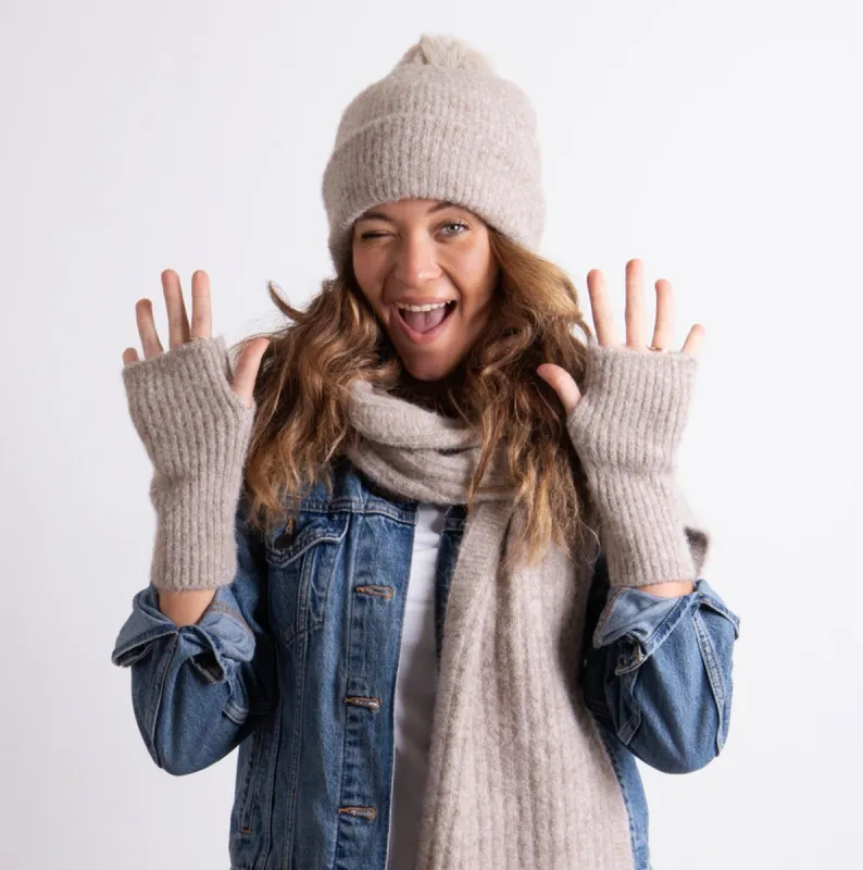 KNITTED HAT SCARF & ARM WARMER GIFT SET Womens Oat sold by Shuperb