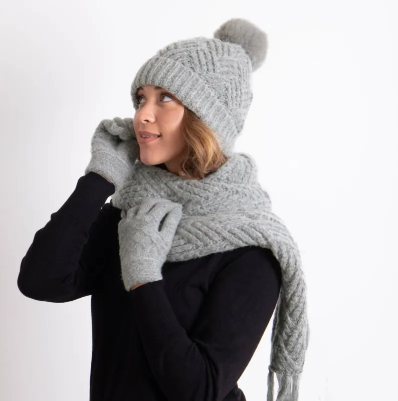 KNITTED HAT SCARF & MITTEN GIFT SET Womens Grey sold by Shuperb
