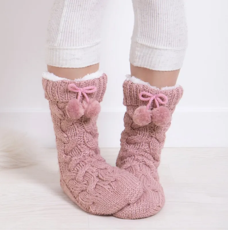 Totes Toasties LUXURY CHUNKY KNIT Pom Slipper-Sox Womens Dusky Pink sold by Shuperb