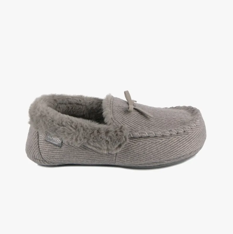 Totes Isotoner HERRINGBONE MOCCASIN WITH FUR CUFF Womens Slippers Grey made by Shuperb