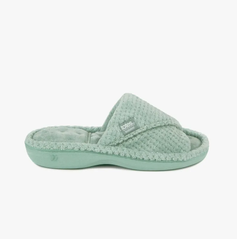 Totes Isotoner POPCORN TURNOVER OPEN TOE Womens Mule Slippers Mint made by Shuperb