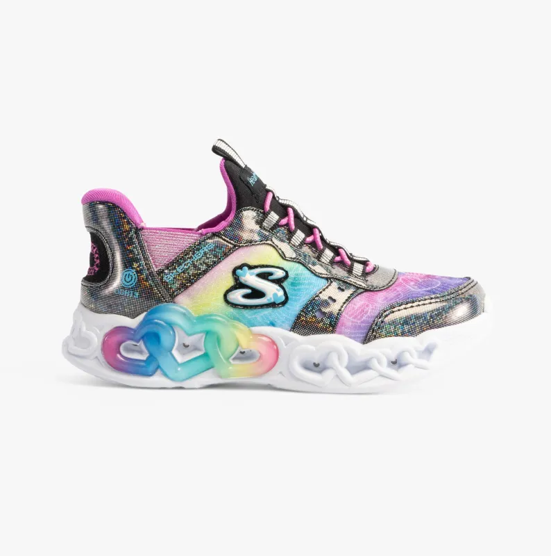 Skechers 303755L/BKMT INFINITE HEART LIGHTS - ETERN Girls Trainers Black/Multi sold by Shuperb