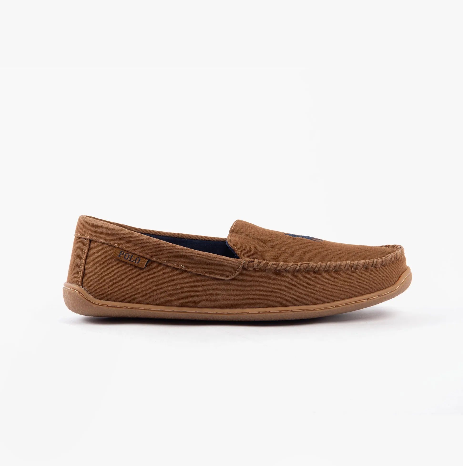 Polo Ralph Lauren BRENAN Mens Slippers Tan Washed Twill/Navy sold by Shuperb