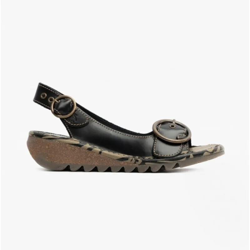 Fly London TRAM Womens Leather Buckle Slingback Wedge Heeled Sandals Black sold by Shuperb