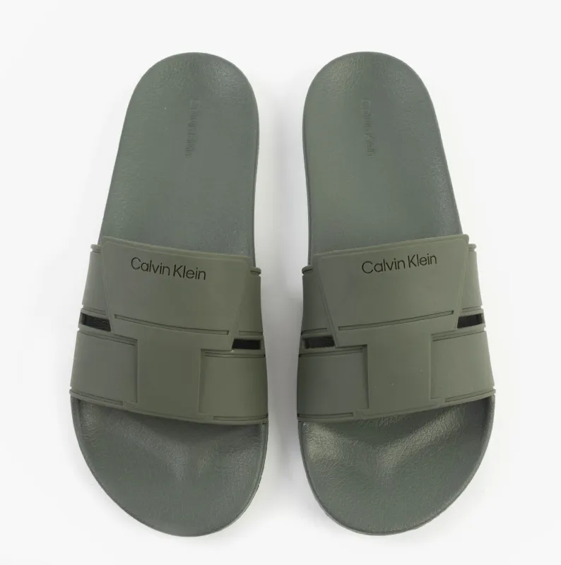 Calvin Klein POOL SLIDE DOUBLE T Mens Sliders Dark Olive sold by Shuperb