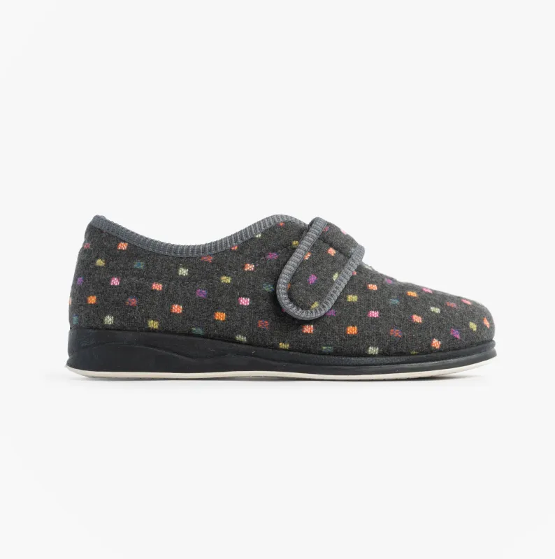 Padders CAMILLA Womens Touch Fasten Polka Dot Slippers Grey/Multi sold by Shuperb