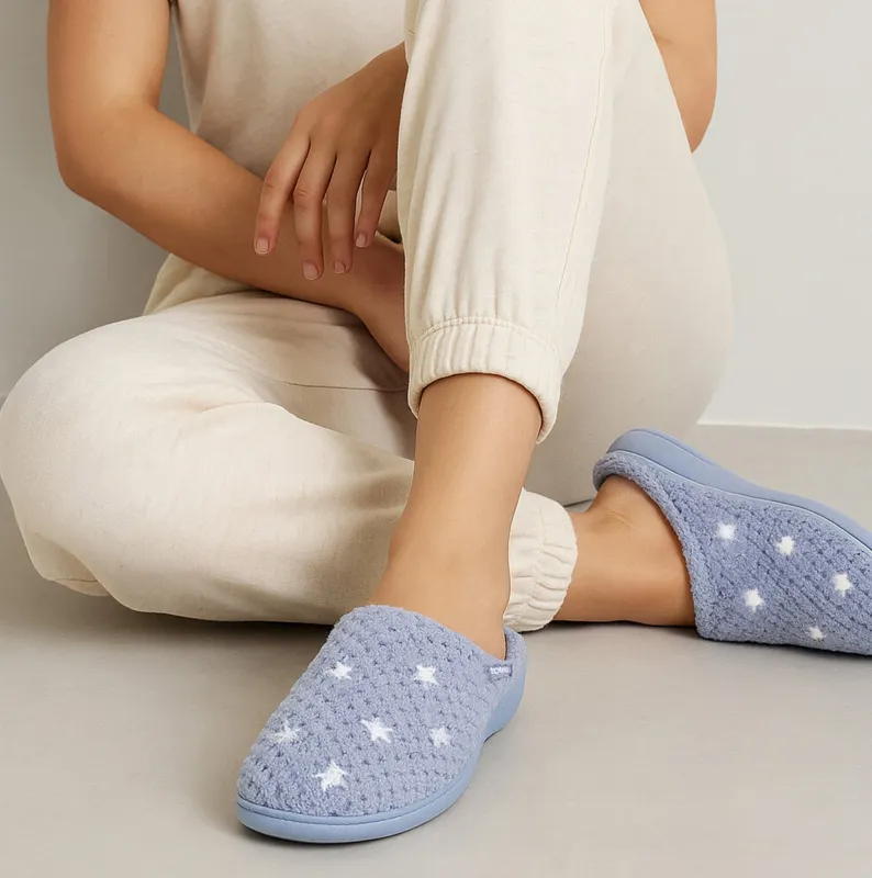 Totes Isotoner POPCORN TERRY Womens Mule Slippers Iris Blue Star sold by Shuperb