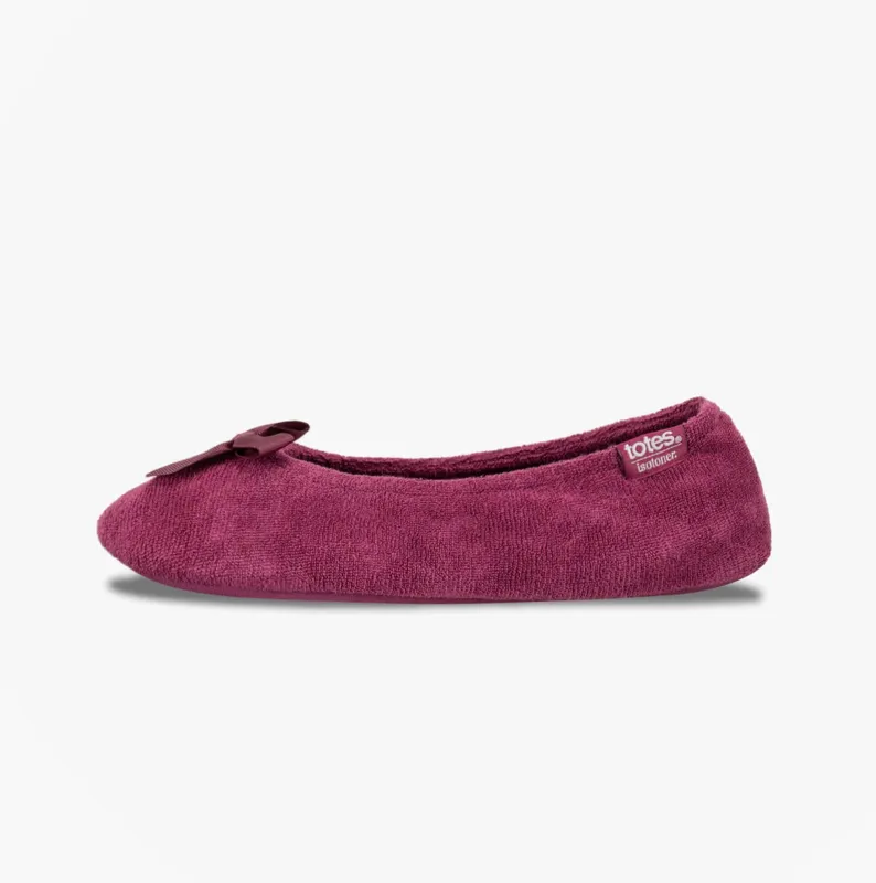Totes Isotoner STRETCH TERRY BOW Womens Ballerina Slippers Burgundy made by Shuperb