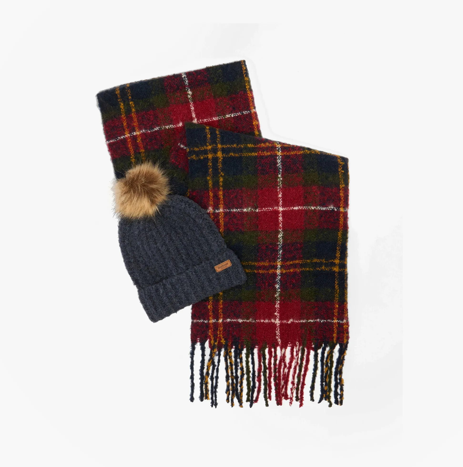 Barbour SALTBURN BEANIE & TARTAN SCARF Gift Set Womens Beanie Winterberry Tartan sold by Shuperb