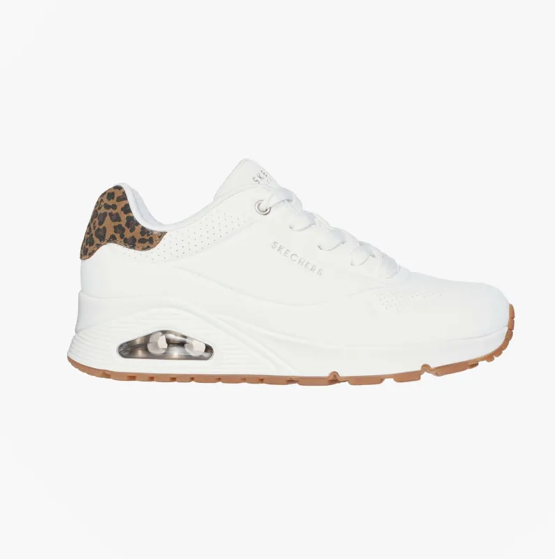 Skechers 177093/WHLD UNO-JUNGLE NITE Womens Trainers White Durabuck/Leopard Printed sold by Shuperb