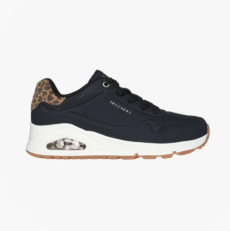 Skechers 177093/BKLD UNO-JUNGLE NITE Womens Trainers Black Durabuck/Leopard Printed sold by Shuperb