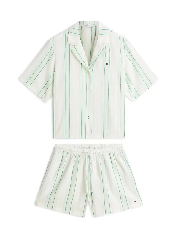 Tommy Hilfiger SS SHIRT LINEN PJ Short Set Womens Pyjama Set Tennis Court Stripe Green made by Tommy Hilfiger