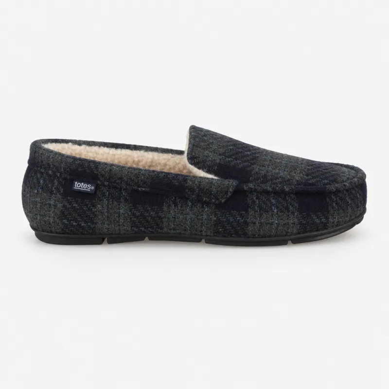 Totes Toasties CHECK MOCCASIN WITH CURLY FUR LINING Mens Moccasins Navy Check made by Shuperb