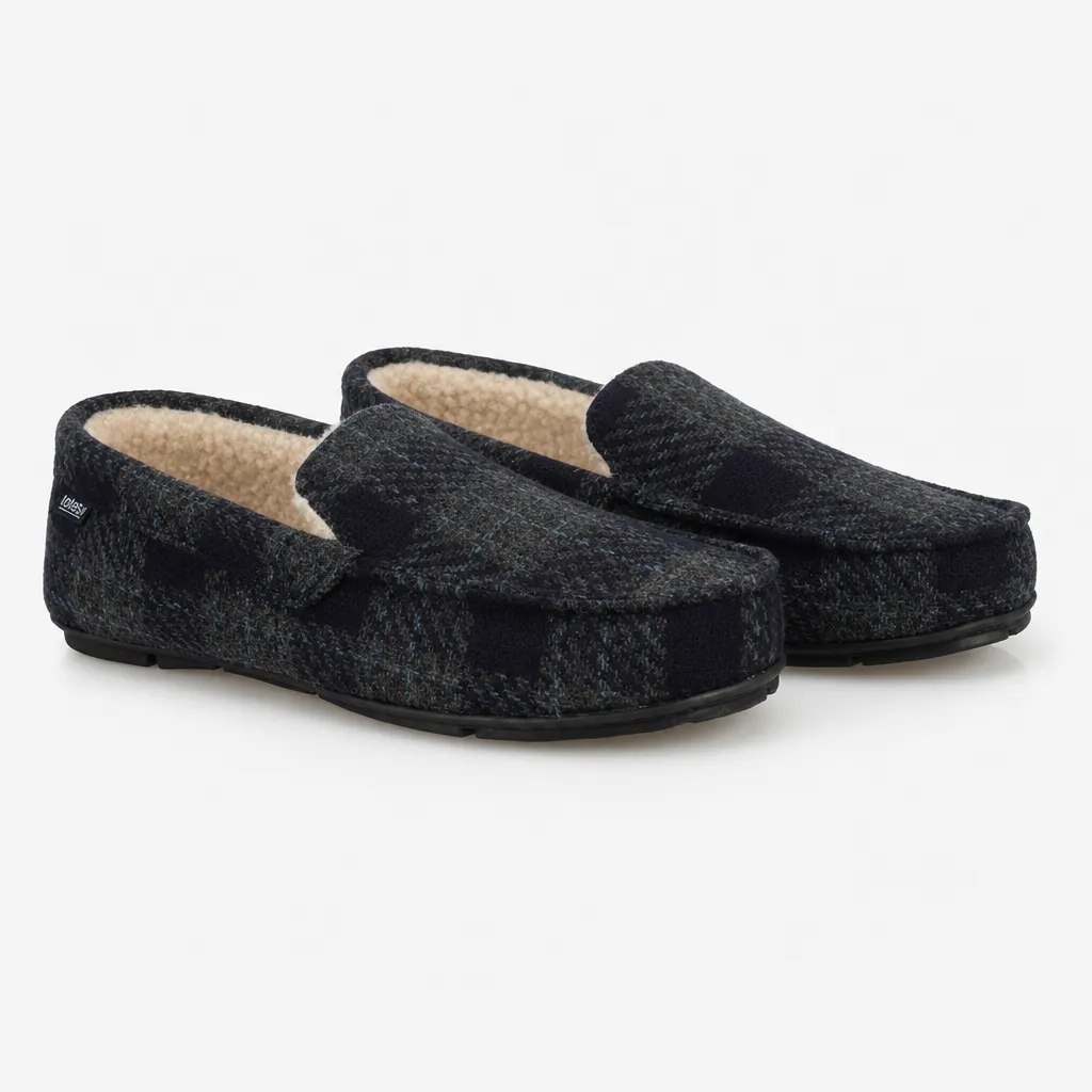 Totes Toasties CHECK MOCCASIN WITH CURLY FUR LINING Mens Moccasins Navy Check sold by Shuperb product image thumbnail 2