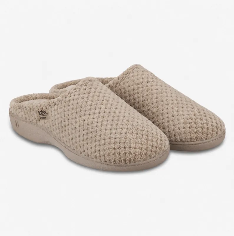 Totes Isotoner POPCORN TERRY MULE SLIPPER Womens Mules Light Brown made by Shuperb