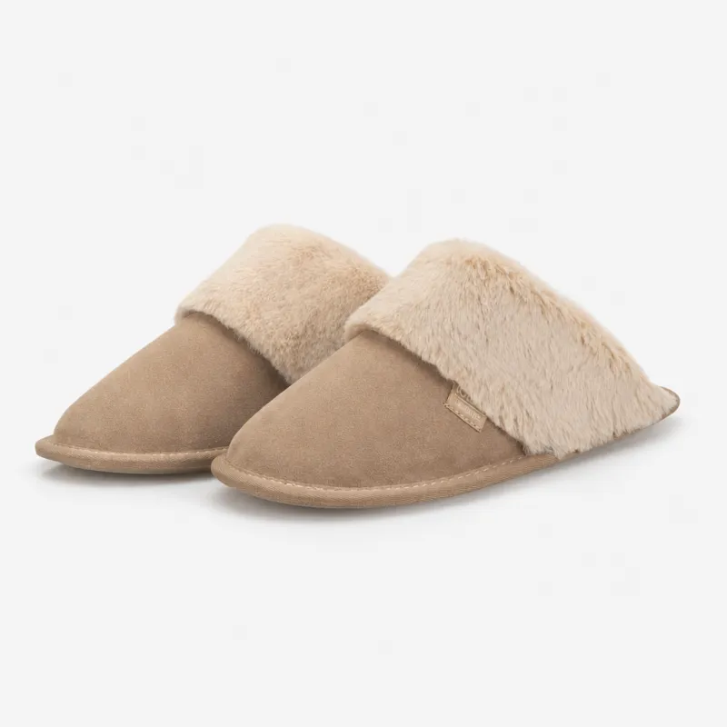 Totes Isotoner SUEDE MULE SLIPPER WITH FUR CUFF Womens Mules Sand made by Shuperb