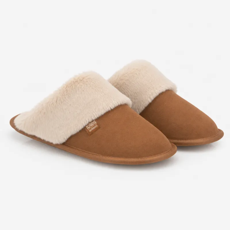 Totes Isotoner SUEDE MULE SLIPPER WITH FUR CUFF Womens Mules Tan made by Shuperb