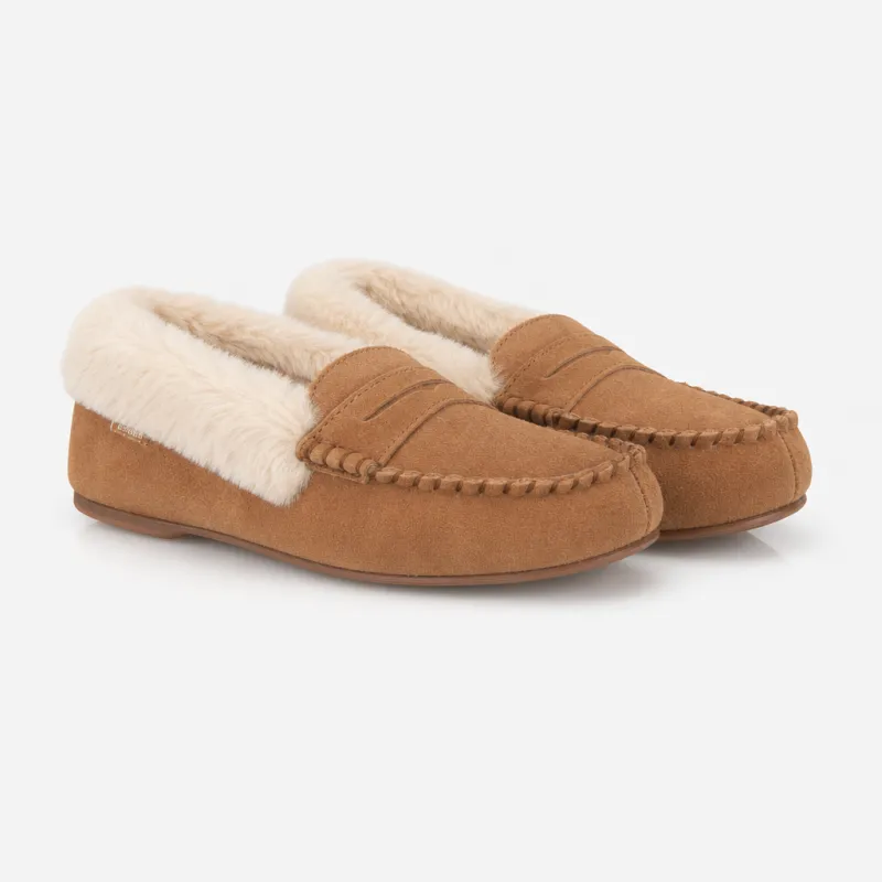 Totes Isotoner FUR LINED SUEDE MOCCASIN SLIPPER WITH KEEPER TAB Womens Moccasins Tan made by Shuperb