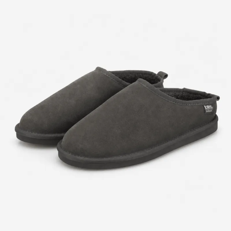 Totes Isotoner BORG LINED SUEDE MULE SLIPPER Mens Mules Grey made by Shuperb