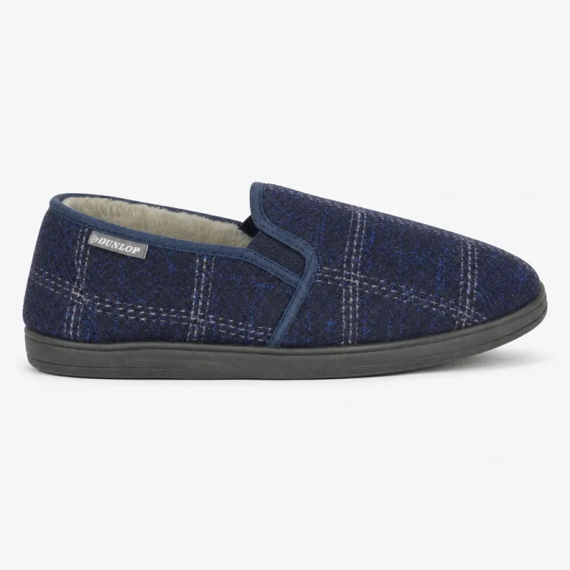 Dunlop OWEN Mens Full Slippers Navy Check made by Dunlop