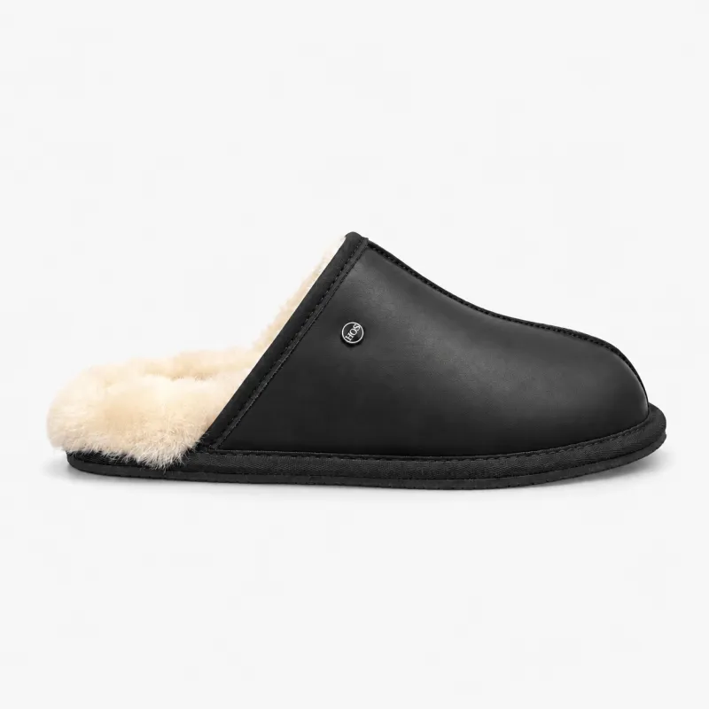 HOS Sheepskin EDWIN Mens Mules Black Leather made by Shuperb