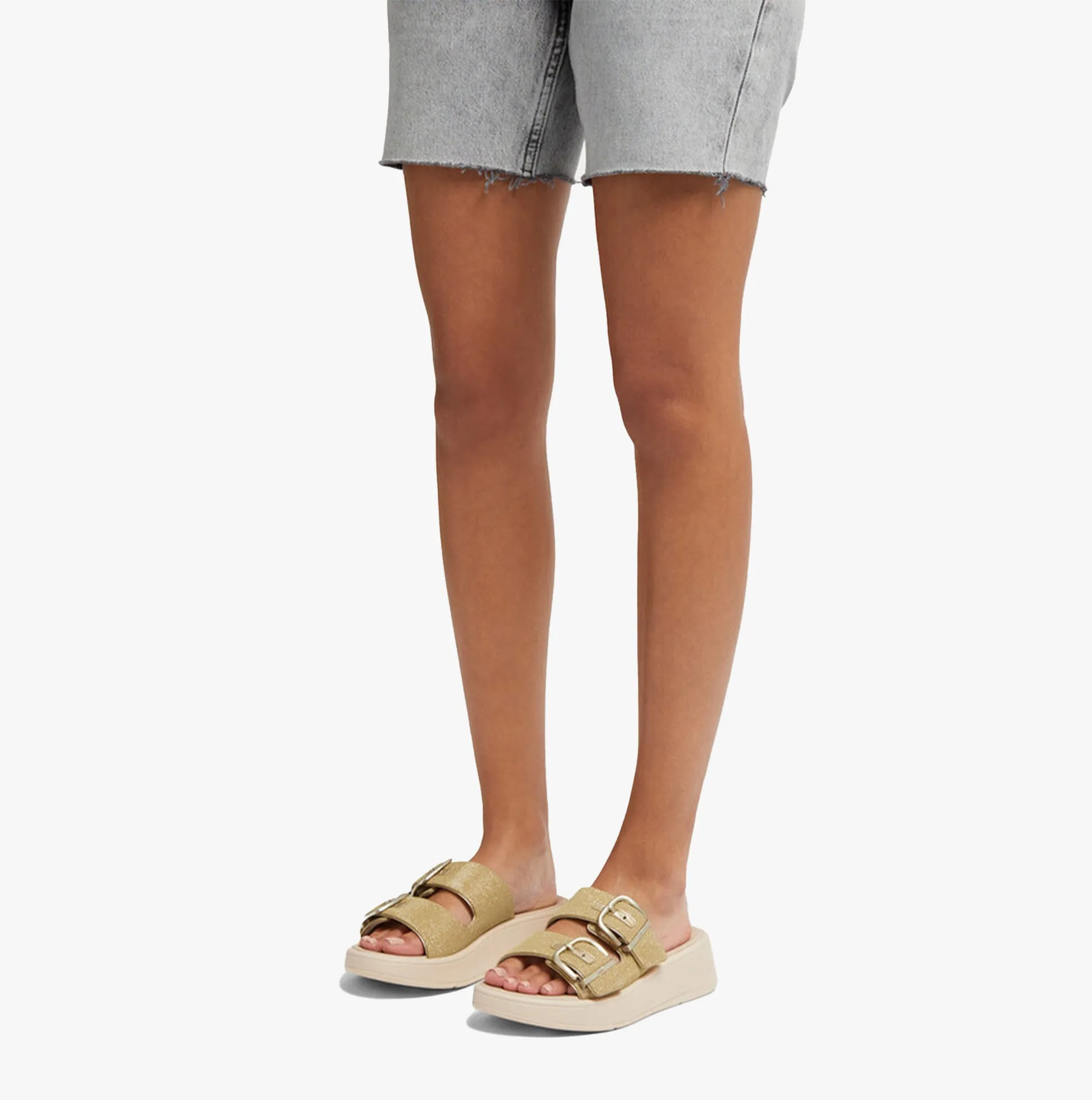 FitFlop F-MODE BUCKLE SHIMMERLUX FLATFORM TWO-BAR Womens Slides Platino sold by Shuperb product image thumbnail 2