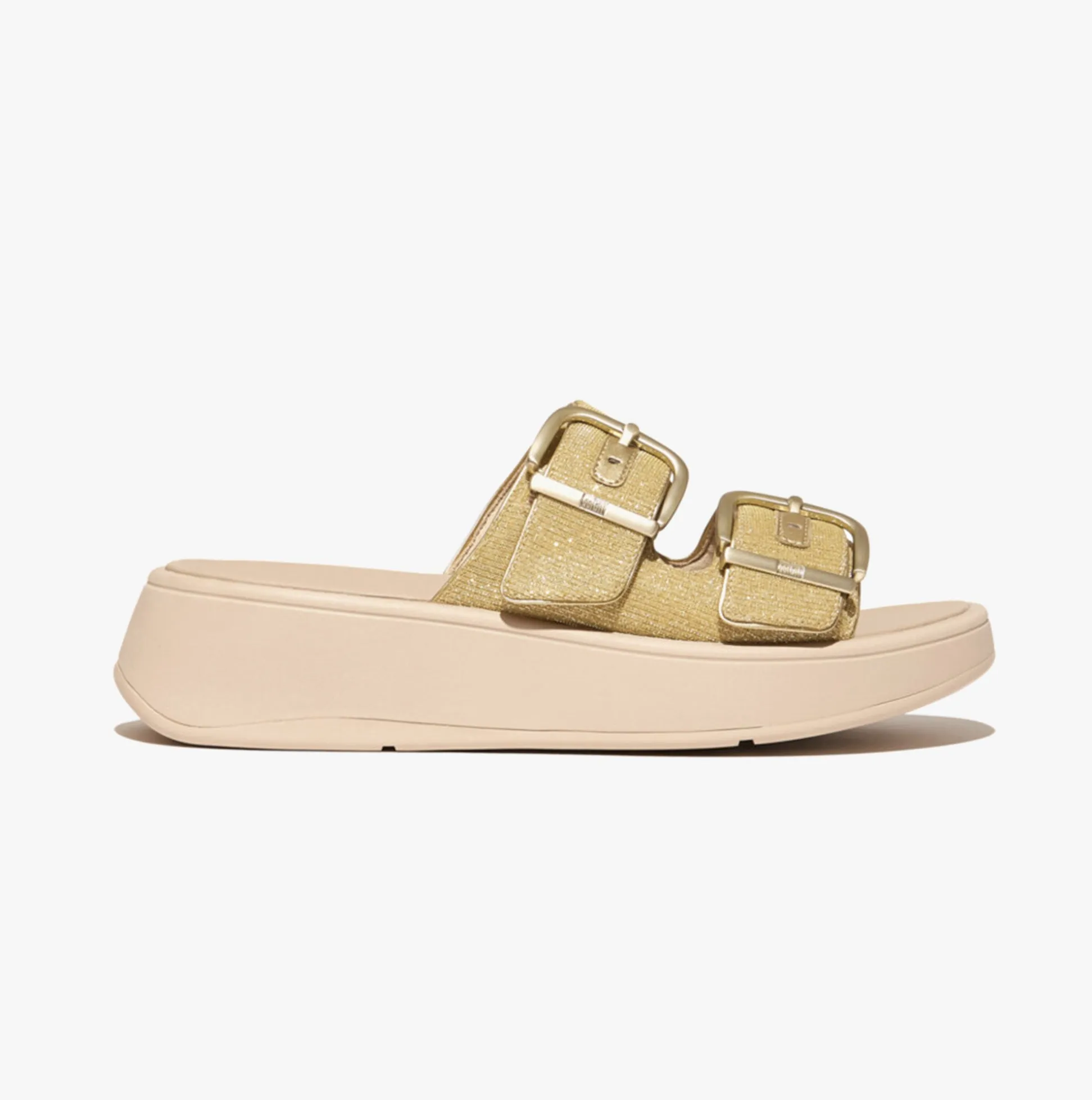 FitFlop F-MODE BUCKLE SHIMMERLUX FLATFORM TWO-BAR Womens Slides Platino sold by Shuperb