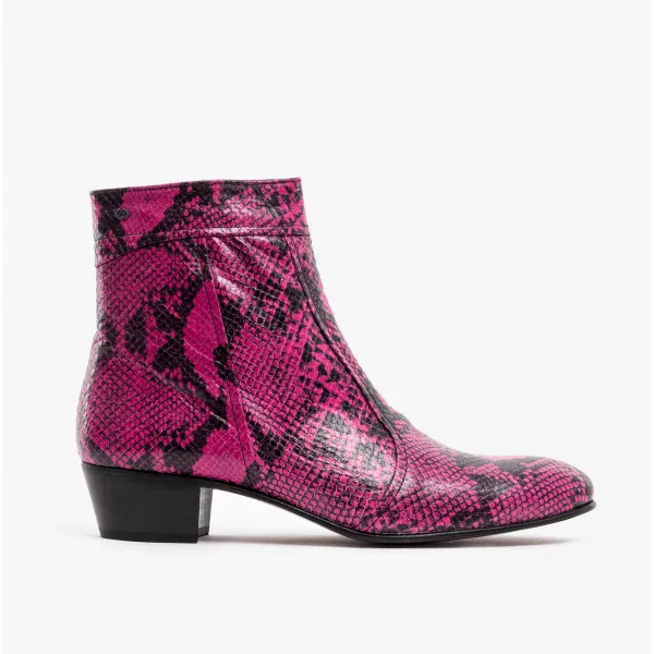 Club Cubano EMMANUEL Mens Snakeprint Leather Cuban Heel Boots Neon Magenta sold by Shuperb