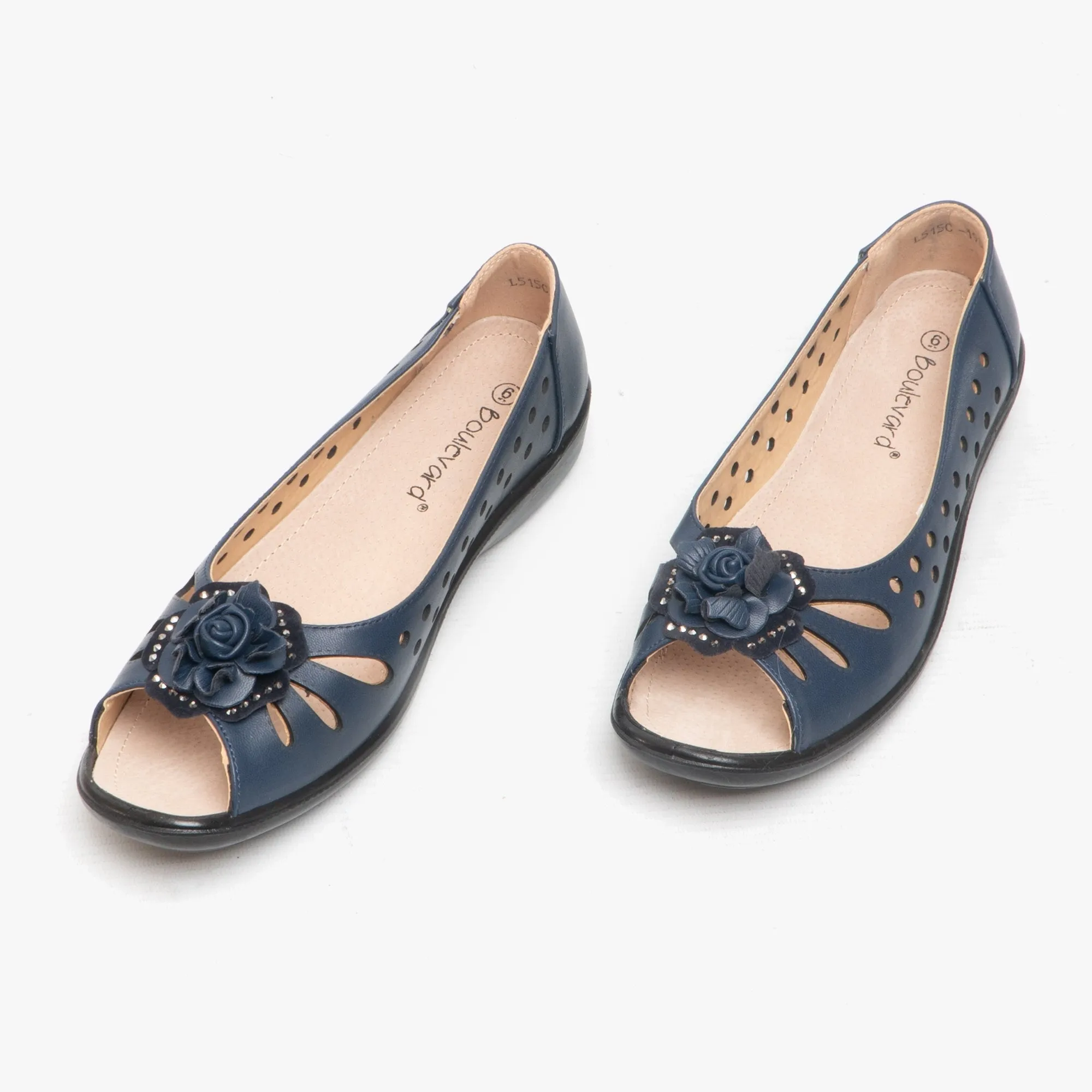 Boulevard DAYNA Womens Faux Leather Flower Peep Toe Flats Navy sold by Shuperb product image thumbnail 2
