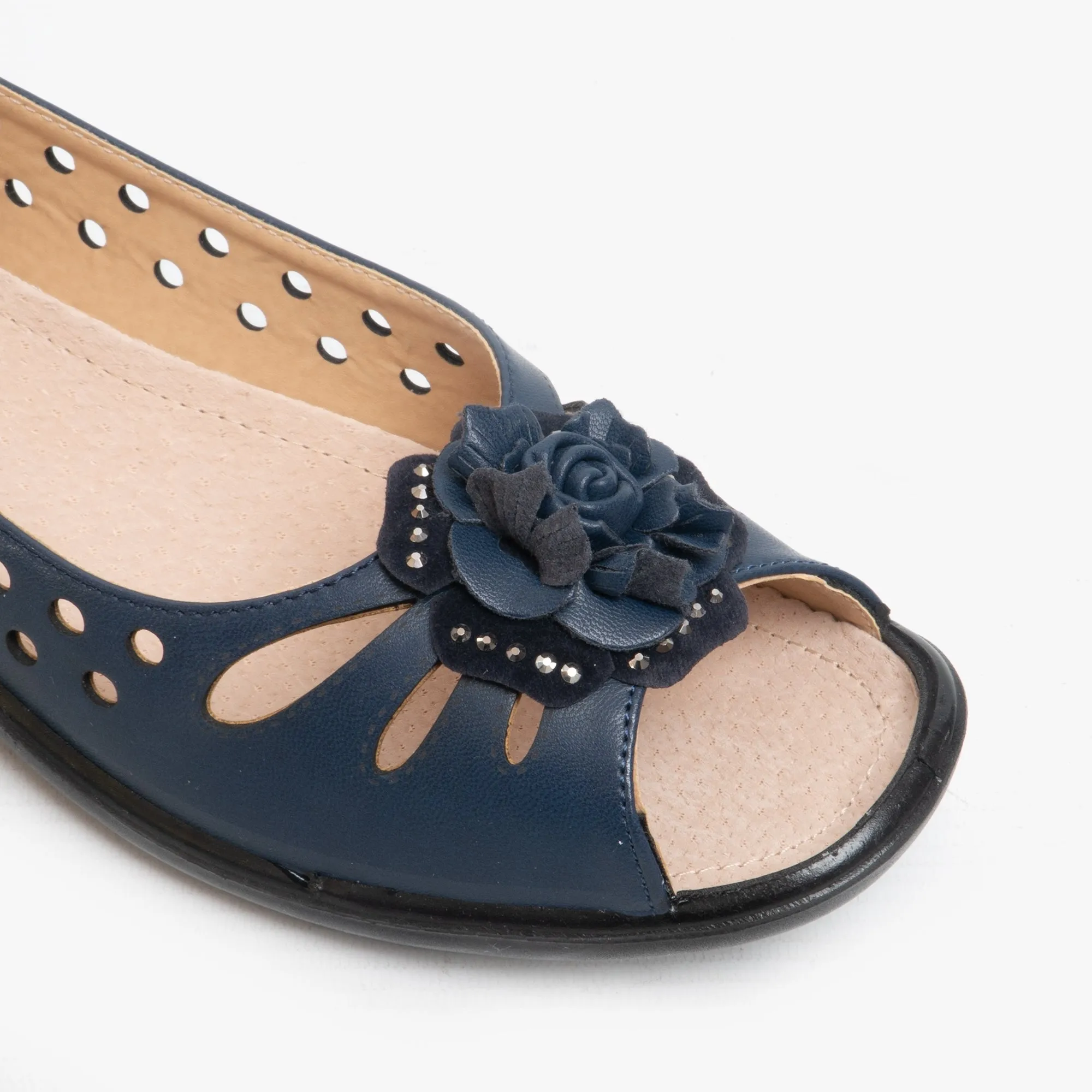 Boulevard DAYNA Womens Faux Leather Flower Peep Toe Flats Navy sold by Shuperb product image thumbnail 3