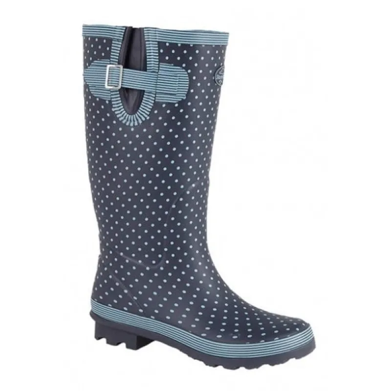 Stormwells DOTTY Womens Rubber Wellington Boots Pale Blue Polka Dot/Navy sold by Shuperb