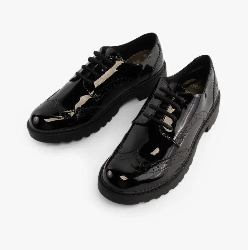 GEOX JR CASEY Girls Patent Brogue School Shoes Black sold by Shuperb