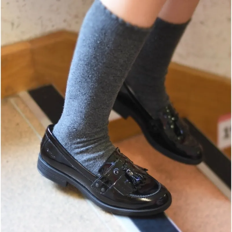 GEOX JR AGATA Girls Moccasin Tassel School Shoes Patent Black made by Geox