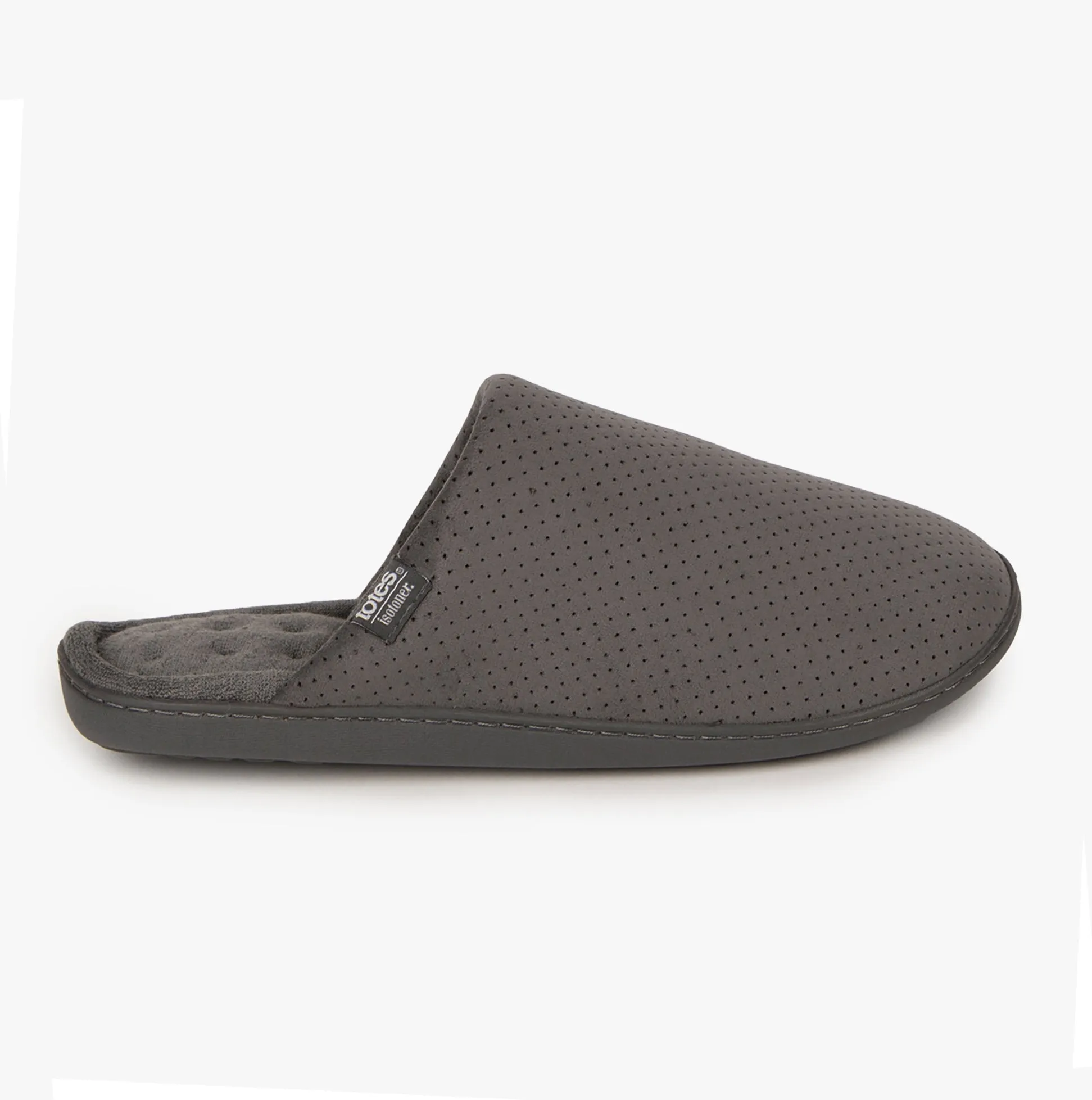Totes Isotoner PERFORATED SUEDETTES Mens Mule Slippers Grey sold by Shuperb