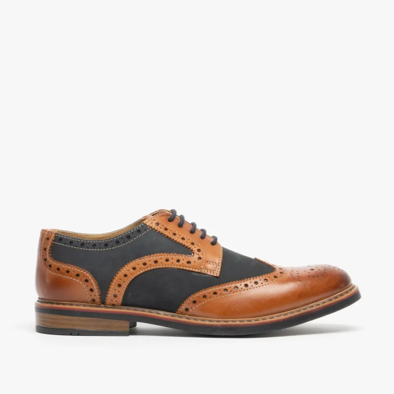 Roamers ARNOLD Mens Leather/Nubuck Brogue Oxford Shoe Dark Tan/Navy made by Shuperb