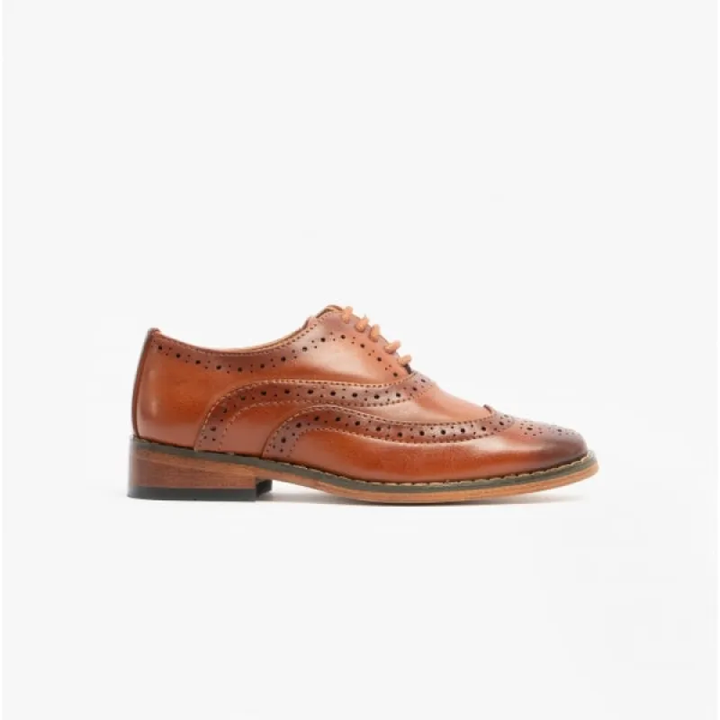 Goor TRAVIS JNR Boys Wingtip Brushed Brogues Dark Tan sold by Shuperb
