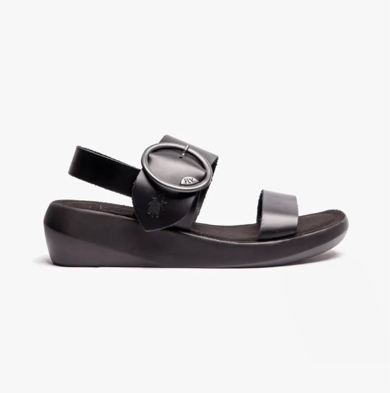 Fly London BANI739FLY Womens Buckle Wedge Sandals Black sold by Shuperb