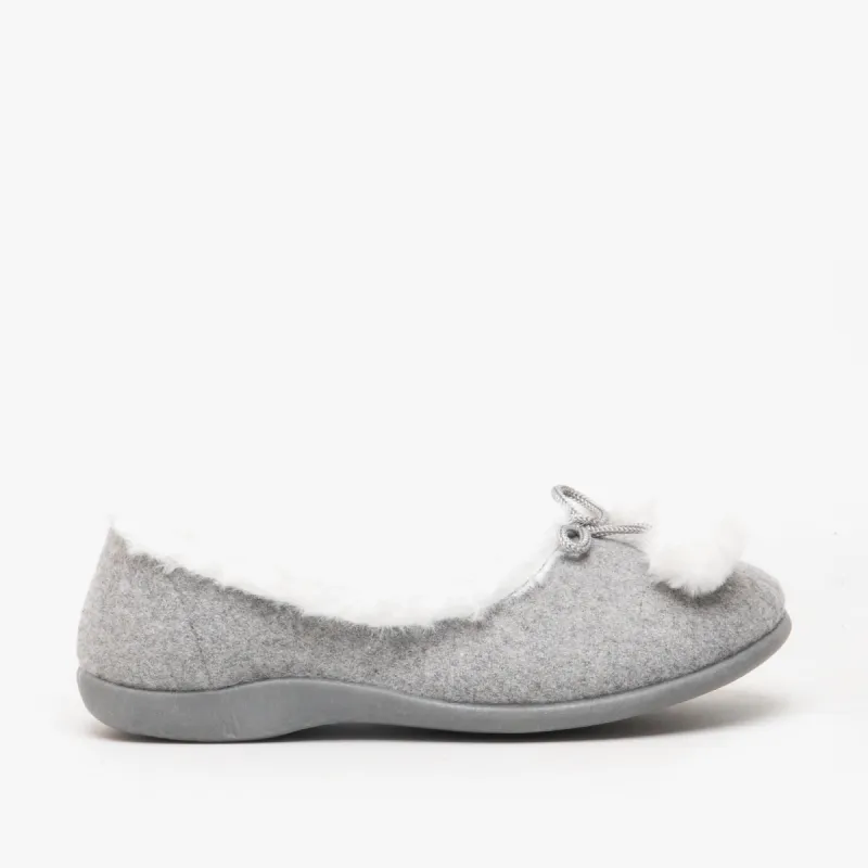 BERYL Ladies Faux Fur Pom Pom Slippers Grey sold by Shuperb