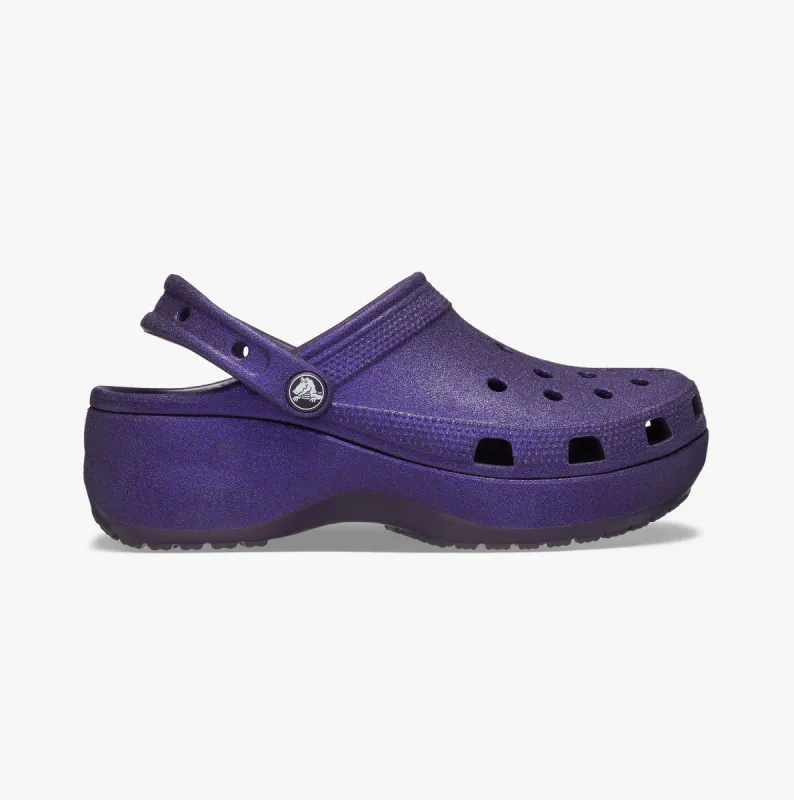 Crocs 207241-5AS CLASSIC PLATFORM GLITTER Womens Clogs Dark Iris made by Shuperb