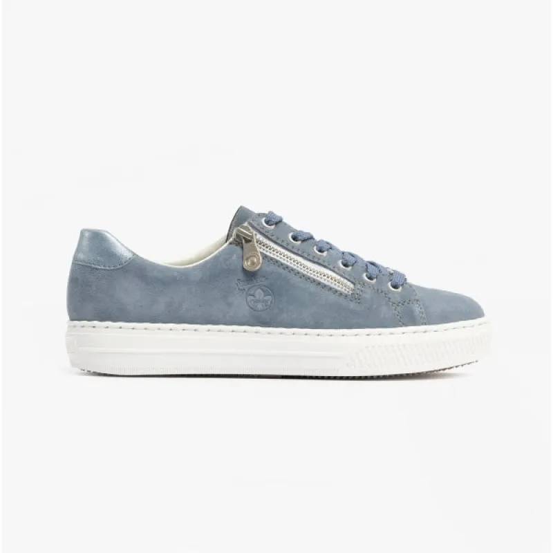 L59L1-10 Ladies Suede Zip-Up Trainers Blue/Silver made by Rieker