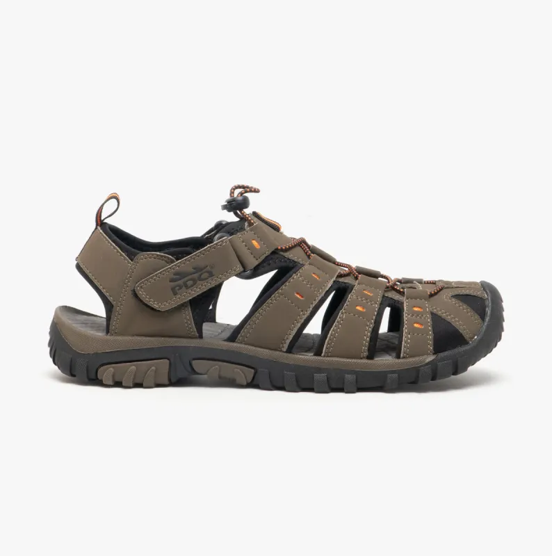 PDQ KEN Mens Nubuck Toggle & Velcro Trail Sandals Dark Taupe/Orange sold by Shuperb